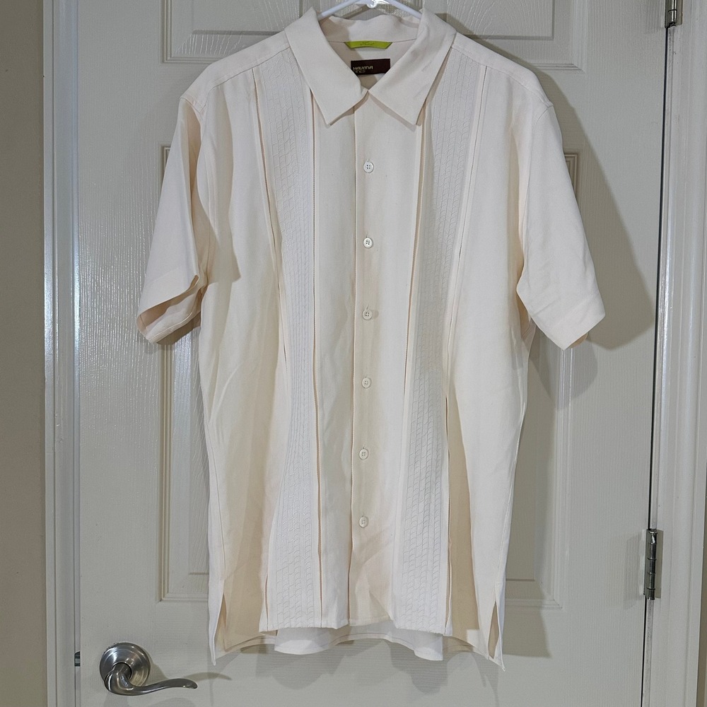 Havana Nines Mens Cream 100% Silk Guayabera Short Sleeve Button Down Shirt L
